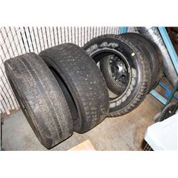 GROUP OF 4 ASSORTED TIRES INCLUDING 2 RIMS.