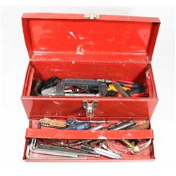 RED METAL TOOL BOX W/ TOOLS
