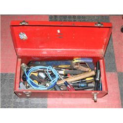 RED METAL TOOL BOX FILLED WITH TOOLS