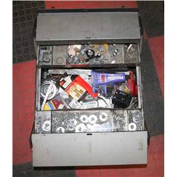 LARGE GREY METAL TOOL BOX FILLED W/ ELECTRICAL &