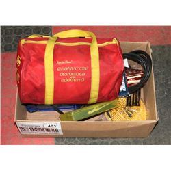 BOX OF ROADSIDE SAFETY KIT, BOOSTER CABLES, TIRE