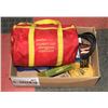 Image 1 : BOX OF ROADSIDE SAFETY KIT, BOOSTER CABLES, TIRE