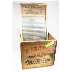 VINTAGE APPLE CRATE AND WASH BOARD.
