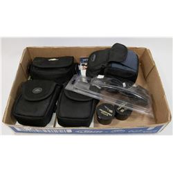 FLAT OF ASSORTED CAMERA POUCHES, GUITAR HUMIDIFIER