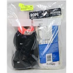 BAG OF OUTDOOR ITEMS, NYLON ROPE AND MORE.