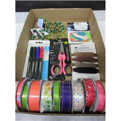Flat full of New Ribbon , Singer Pro Scissors and Crafting items