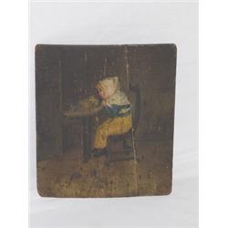 19TH CENT. OIL ON WOOD PANEL YOUNG GIRL SEATED EATING PORRIDGE, UNSIGNED (12" X 20")