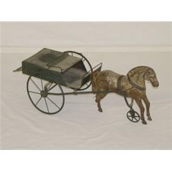 26" EARLY 20TH CENT. PAINTED PRESSED STEEL HORSE W/ PULL CART TOY
