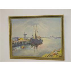 OIL ON ARTIST BOARD HARBOR SCENE SIGNED B.T. CRAM (11 1/2" X 15 1/2")