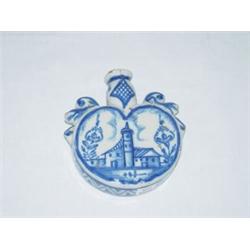 18TH CENT. 5" DELFT BLUE & WHITE CANTEEN - DEER W/ CHURCH ON REVERSE