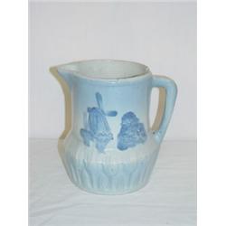 6 3/4" BLUE & WHITE STONEWARE PITCHER W/ WINDMILL