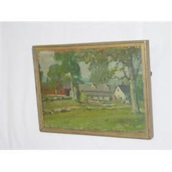 SM. OIL ON ARTIST BOARD FARMHOUSE, UNSIGNED (ATTRIBUTED WM. LAVALLEY) (5" X 6 3/4")
