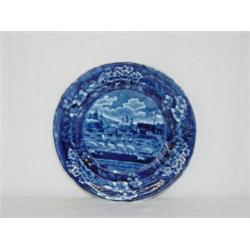 6 3/4" DARK BLUE HISTORICAL STAFFORDSHIRE PLATE LANDING OF GEN. LAFAYETTE BY CLEWS