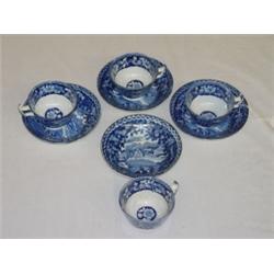 LOT (4) HANDLED DARK BLUE STAFFORDSHIRE CUPS & SAUCERS