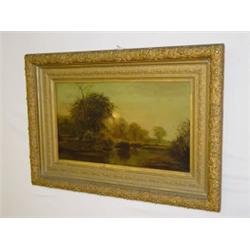 19TH CENT. OIL ON CANVAS AMERICAN RIVER LANDSCAPE, UNSIGNED (13 1/2" X 23 1/2")