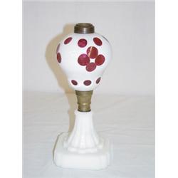 10" SANDWICH CRANBERRY CUT OVERLAY LAMP W/ MILKGLASS BASE
