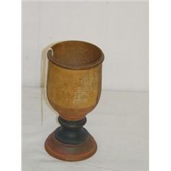 7" PAINTED WOODEN CHALICE W/ TRACES EARLY WRITING ON PAPER