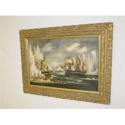 OIL ON CANVAS WHALING SCENE, UNSIGNED (18 3/4" X 28 3/4")