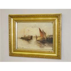 OIL ON CANVAS HARBOR SCENE SIGNED & DATED J.T. GOODFREY 1890 (9 1/2" X 13 1/2")