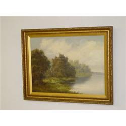 OIL ON ARTIST BOARD LAKE LANDSCAPE, UNSIGNED (14 1/2" X 19 1/2")
