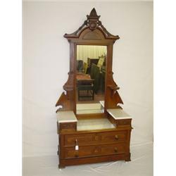 VICTORIAN WALNUT MARBLE TOP DROP CENTER CHEST W/ MIRROR