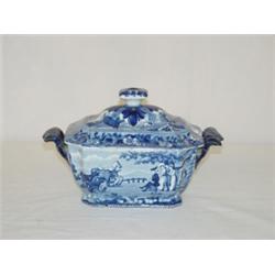 RARE 8 1/2" 2 PC. DARK BLUE STAFFORDSHIRE SAUCE TUREEN - DOCTOR SYNTAX SERIES - BOUND TO A TREE DRAW
