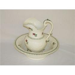 SPRIGWARE PITCHER & BOWL SET W/ A RAISED BASKET OF FLOWERS DECORATION - MARKED "WOOD"