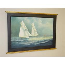 OIL ON CANVAS TITLED ON BACK MAYFLOWER II AMERICAS CUP YACHT RACING OFF THE SANDY HOOK LIGHT SHIP SI