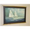 Image 1 : OIL ON CANVAS TITLED ON BACK MAYFLOWER II AMERICAS CUP YACHT RACING OFF THE SANDY HOOK LIGHT SHIP SI