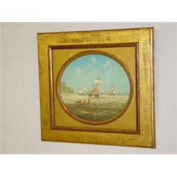 ROUND OIL ON BOARD TITLED SHIPPING ON THE HUDSON SIGNED FREDERICK TORDOFF (11 1/2" X 12 1/2")