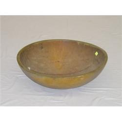 18 1/2" TURNED WOODEN BOWL W/ TRACES OF OLD MUSTARD PAINT