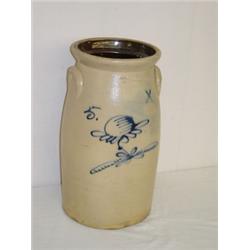 5 GAL. C.W. BROWN BUTTERCHURN W/ LARGE COBALT FLOWER - BUFFALO NY (PROF. REPAIR)