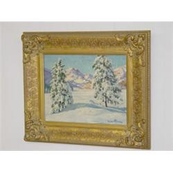 OIL ON ARTIST BOARD WINTER LANDSCAPE SIGNED HANS FIGURA (7 1/2" X 9 1/2")
