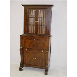 DIMINUITIVE GRAIN PAINTED 2 PART EMPIRE SECRETARY W/ GLASS DOOR TOP