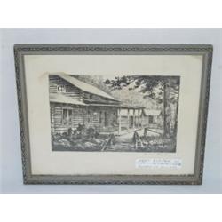 ENGRAVING OF LOG CABINS BY HANS KLEIBER (1887-1967), FRAMED (8" X 10")