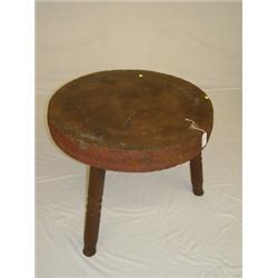 19TH CENT. 32" PAINTED WOODEN BUTCHER BLOCK ON 3 TURNED LEGS