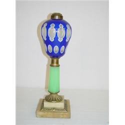 15" COBALT CUT TO CLEAR OVERLAY LAMP W/ JADE GREEN STEM ON MARBLE BASE (POSSIBLY SANDWICH)