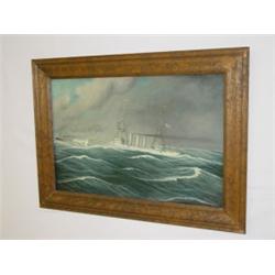 OIL ON ARTIST BOARD GERMAN CRUISER SIGNED E.K. HUSSHEL DATED 1915 (20" X 30")