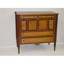 SM. NEW ENGLAND CHERRY SHERATON SERVER W/ MAHOGANY & BIRDSEYE MAPLE VENEER FRONTS ON REEDED LEGS W/ 