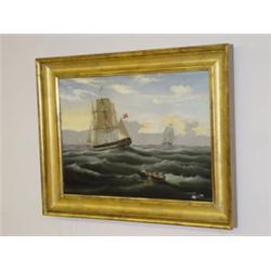 OIL ON CANVAS TITLED MAN OVERBOARD AN ATLANTIC SCENE SIGNED G. POULON (17" X 23 1/2")