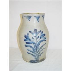13 1/2" PA DECORATED STONEWARE PITCHER W/ LARGE COBALT FLOWER DECORATION & COBALT HIGHLIGHTS AROUND 