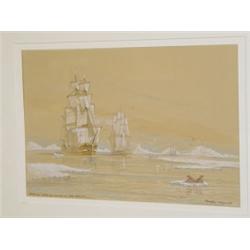 WATERCOLOR TITLED AMERICAN WHALING SHIPS IN THE ARCTIC SIGNED FREDERICK TORDOFF (10 3/4" X 16 3/4")