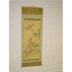 19TH CENT. ORIENTAL SCROLL W/ DEER IN LANDSCAPE SIGNED W/ IVORY KNOBS ON ROLLER