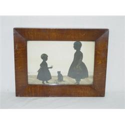 FRAMED WATERCOLOR SILHOUETTE OF 2 YOUNG GIRLS W/ CAT