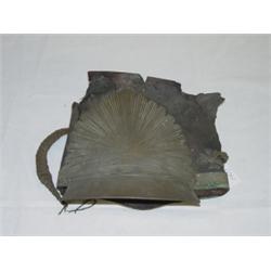 EARLY 19TH CENT. LEATHER SHAKO W/ BRASS FRONT PLATE & BRIM (AS FOUND) SIGNED ON BRIM (?)