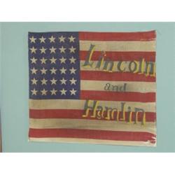 FRAMED 20TH CENT. 30 STAR FLAG-PENNANT W/ LINCOLN & HAMLIN PAINTED ON FLAG (9 3/4" X 11 1/2" ALTERED