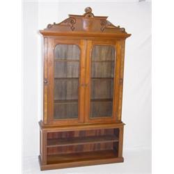 3 PC. VICTORIAN WALNUT 2 DOOR GLASS FRONT BOOKCASE W/ OPEN LOWER SHELF