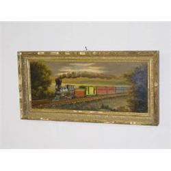 OIL ON ARTIST BOARD TRAIN GM & O GOING OVER BRIDGE SIGNED ES (9 1/2" X 24")