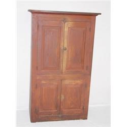 DIMINUITIVE SOUTHERN 4 DOOR RAISED PANEL CUPBOARD W/ OLD RED WASH (35"W X 18"D X 64"H)
