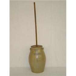 4 GAL. STONEWARE BUTTER CHURN BY T. CRAFTS & CO. WHATELY, FOR BOUTWELL & MKEAN - NASHUA NH